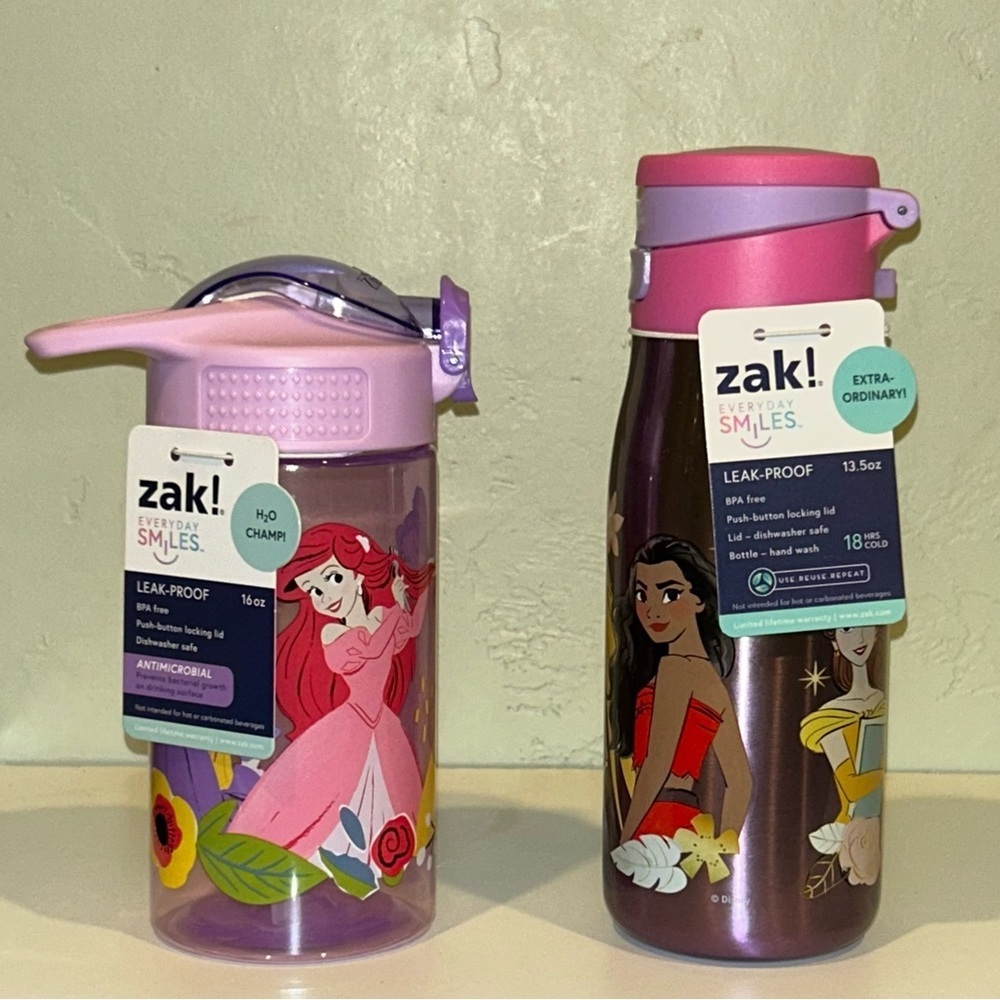 Set Of 2 Zak Spill Proof Leak Proof Disney Princess Sippy Cups + Lid + Straw NEW